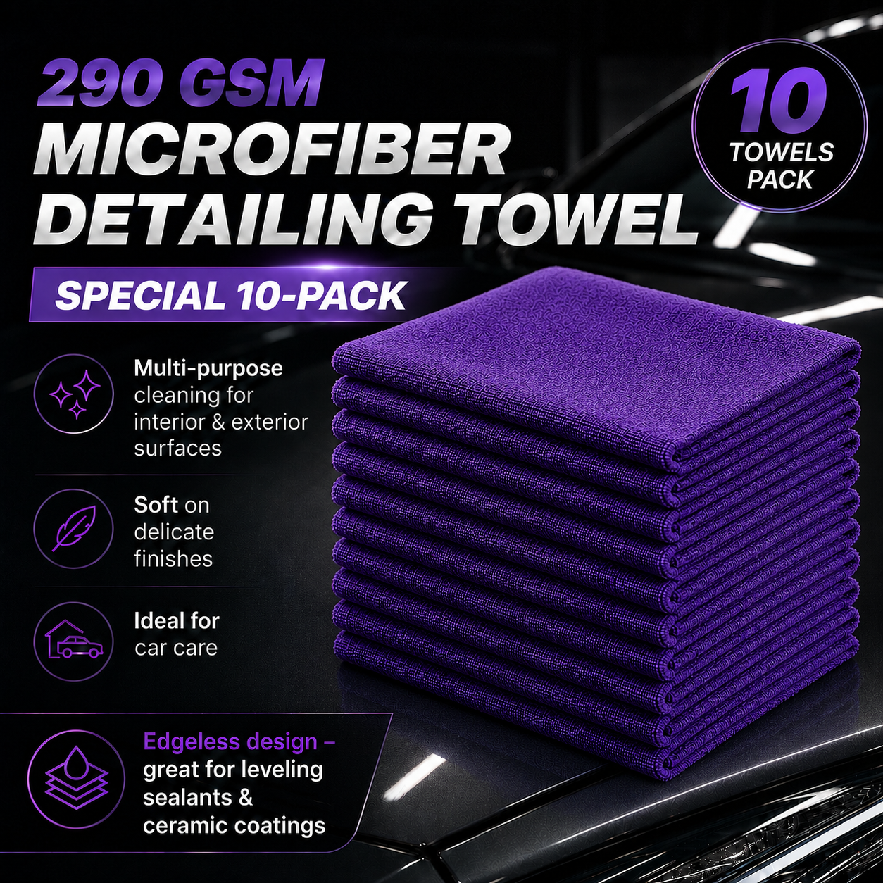 Microfiber Towel Edgeless – 290GSM  Size: 40 cm x 40 cm Purple