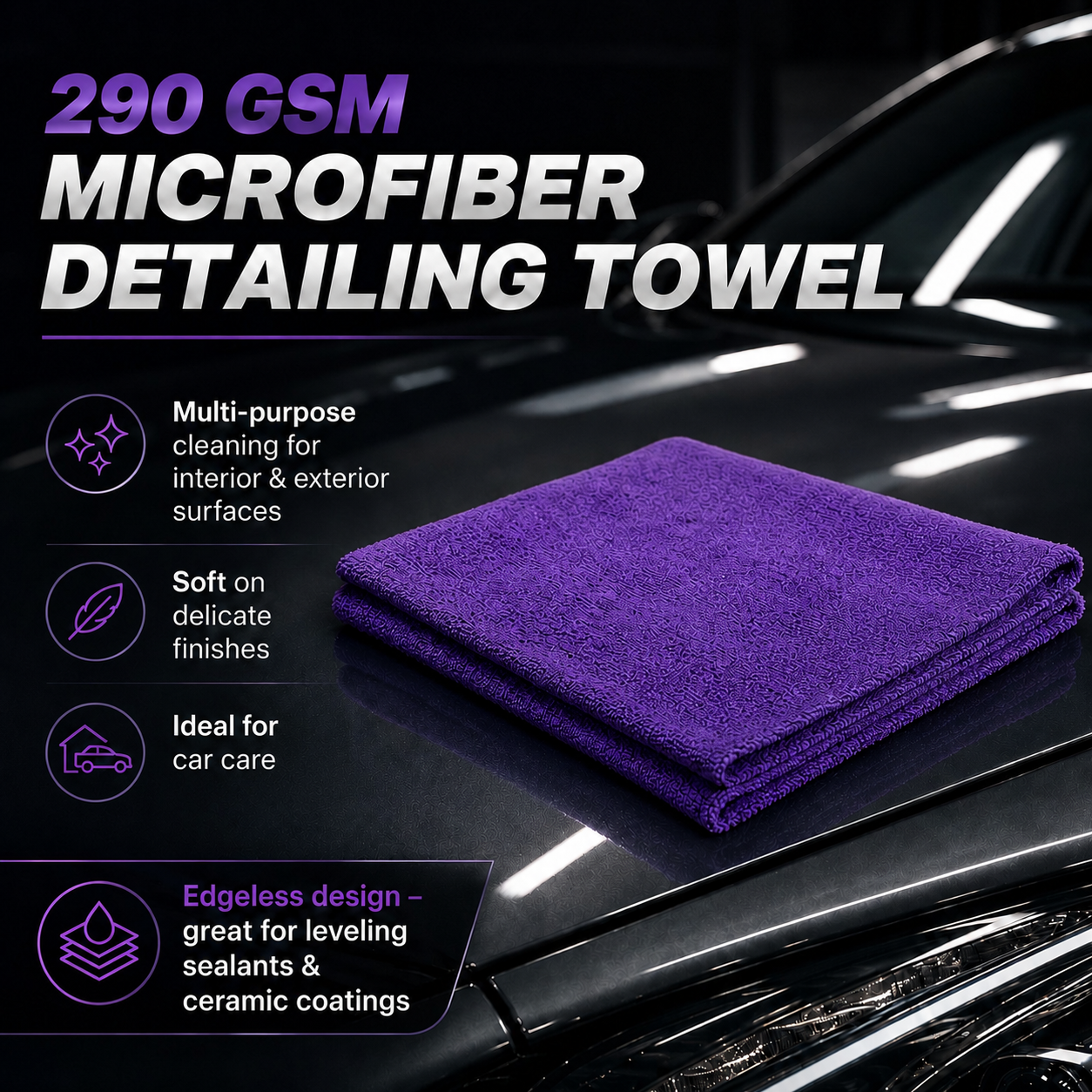 Microfiber Towel Edgeless – 290GSM  Size: 40 cm x 40 cm Purple